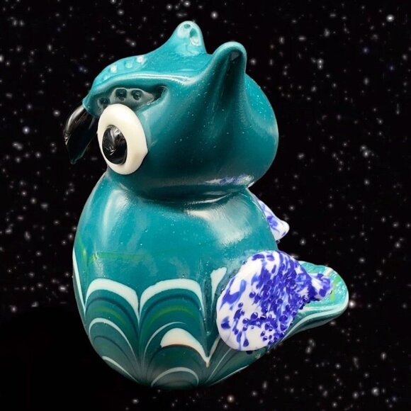 Art Glass Owl Figurine Paperweight Pulled Feather Glass Cased Bird Blue Fritz - Picture 3 of 14